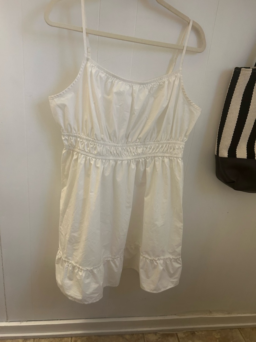 Women's White Spaghetti-Strap Mini Dress with Elastic Waist